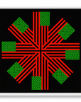 Geometric design with red lines and green squares on a black background