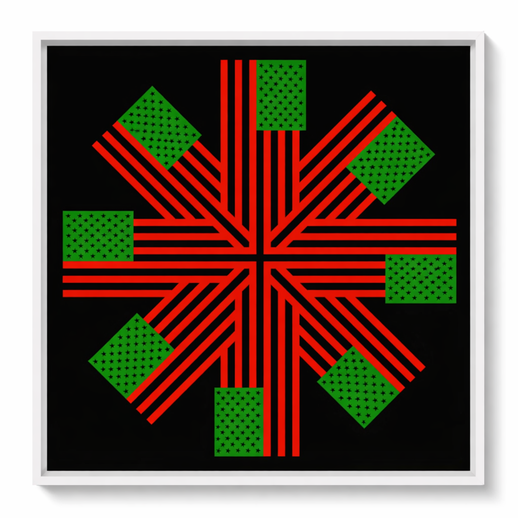 Geometric design with red lines and green squares on a black background