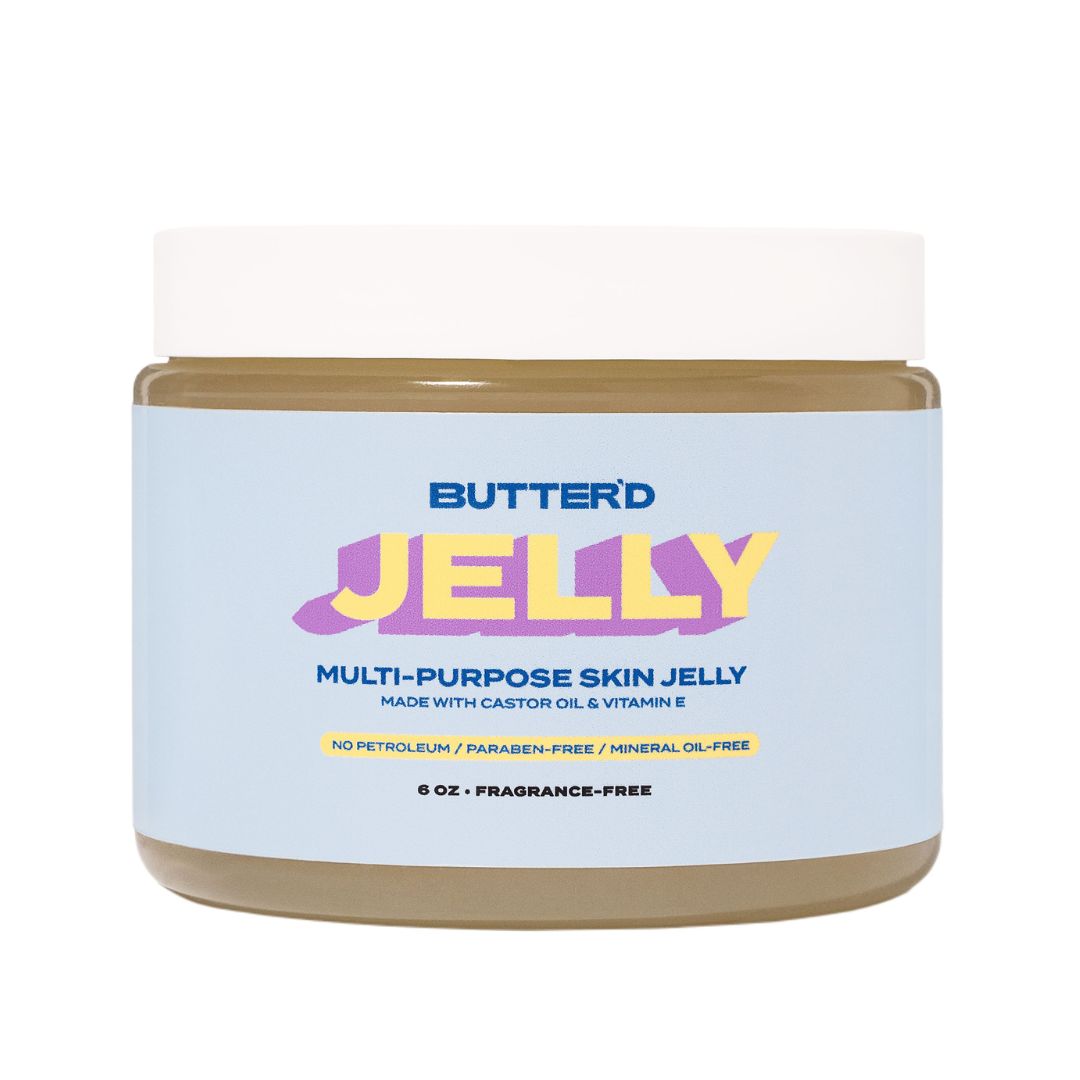 A jar of HELLY JELLY SKIN JELLY by BUTTER'D. The jar is labeled with the product name and description, and has a capacity of 6 oz.