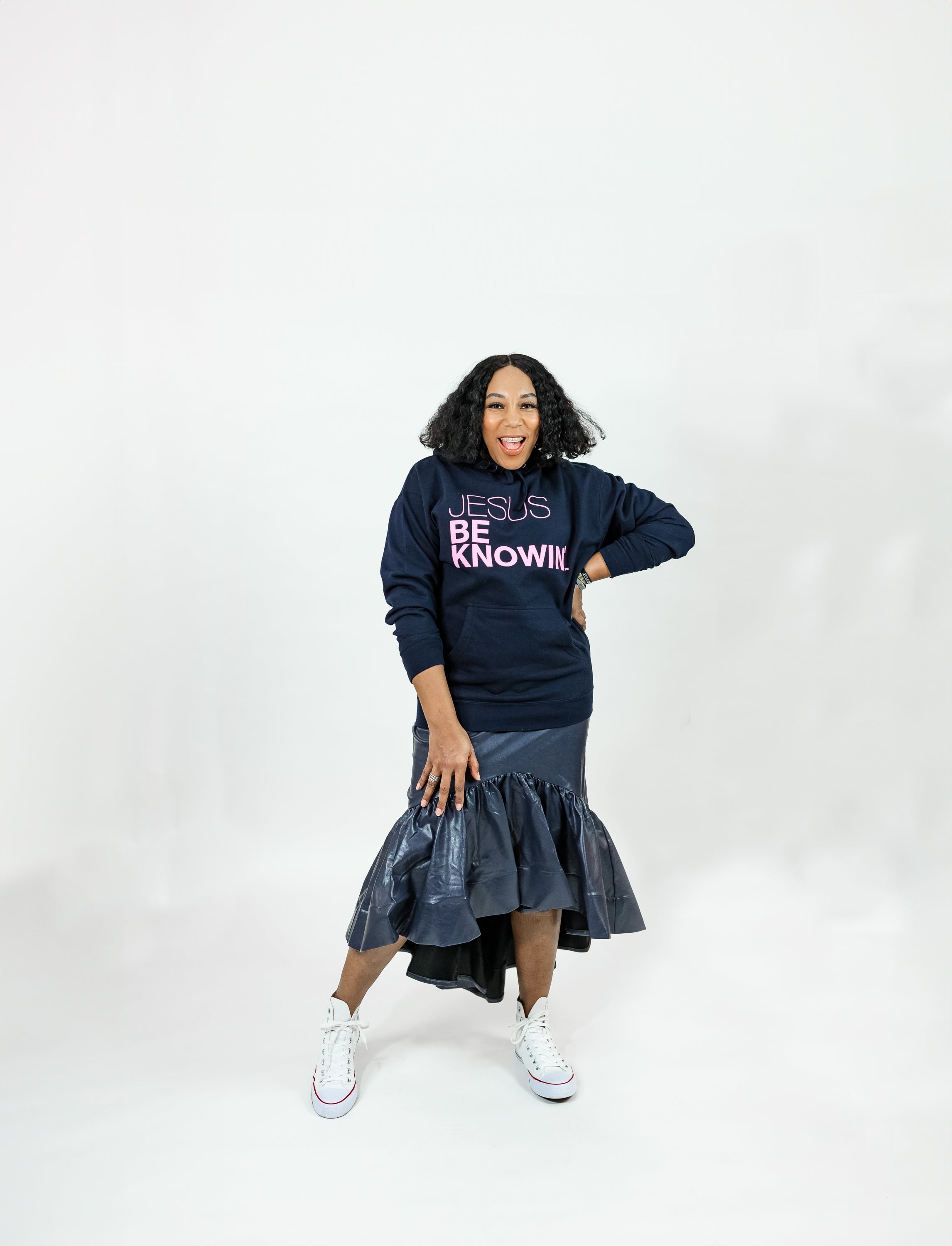 Jesus Be Knowin' | Deep Navy Blue + Pink Print Hoodie