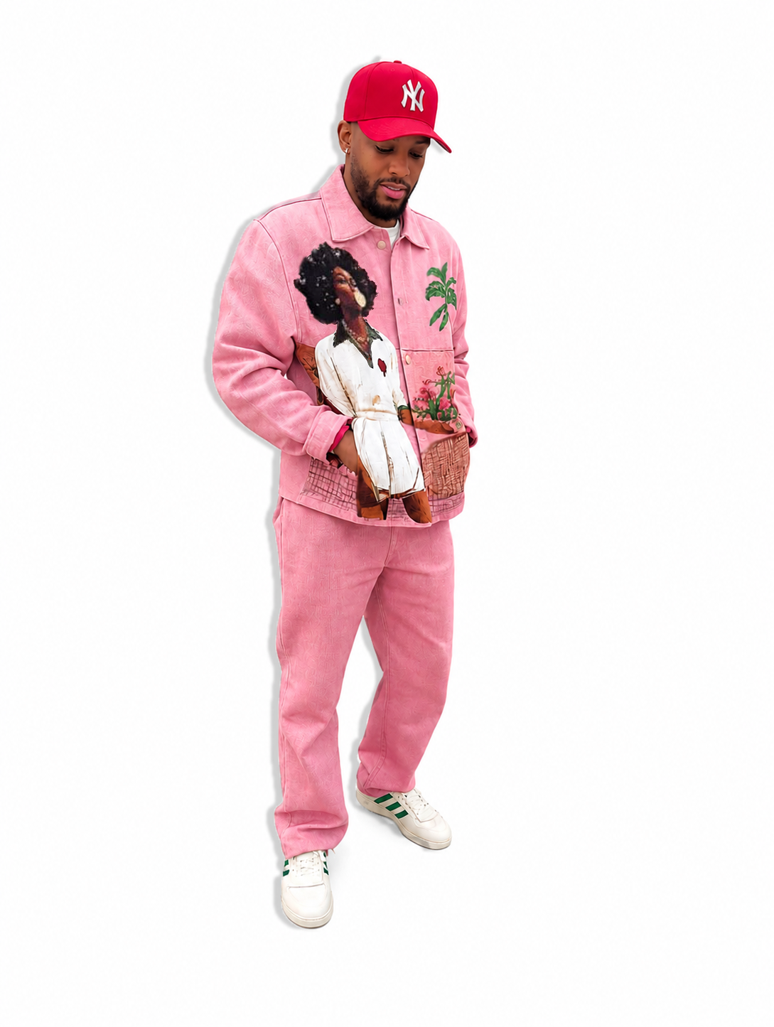 Person wearing a pink outfit with a graphic design, white sneakers, and a red cap on a white background